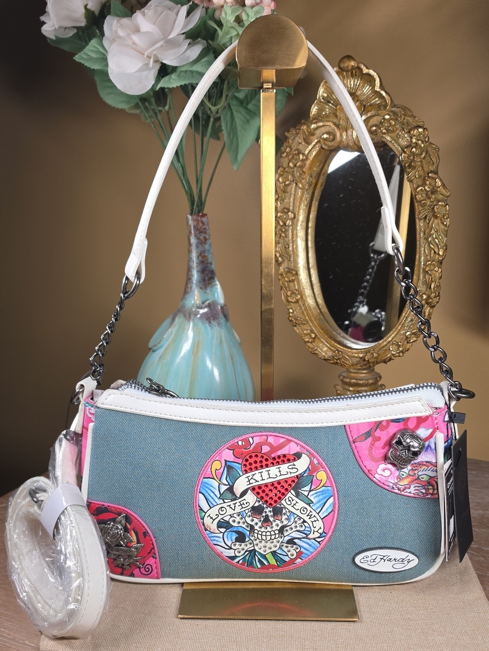 Ed Hardy Denim Love Kills Slowly Shoulder / Crossbody Bag NWT! (Retail $70)